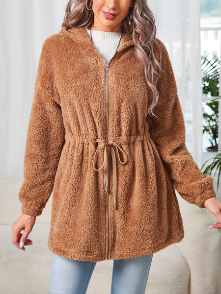 

Loose Plain Cross Neck Teddy Jacket, Brown, Coats