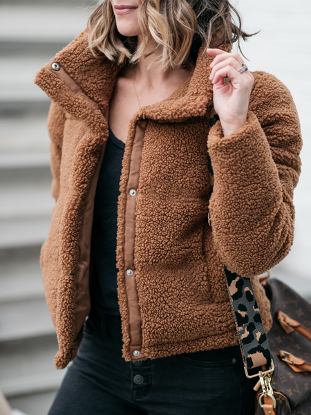 

Loose Urban Stand Collar Long sleeve Teddy Jacket, Brown, Others
