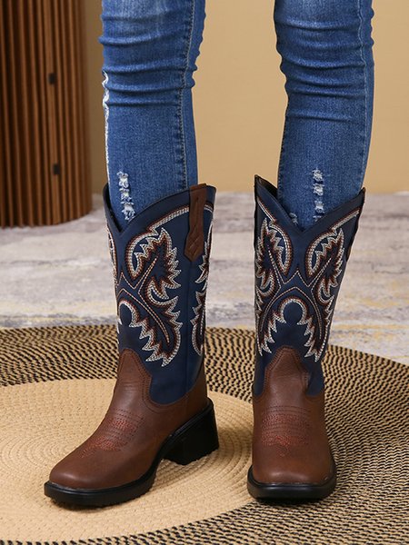 

Western Style Vintage Cowboy Boots with Embroidered Pattern, Coffee, Boots