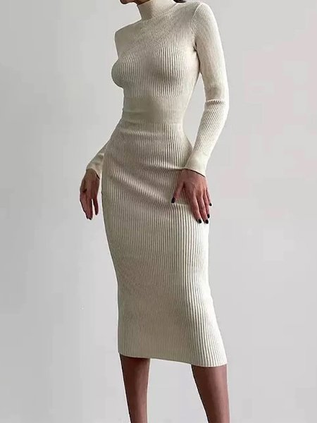 

Plain Elegant Long Sleeve Tight Midi Dress, White, Midi Dresses