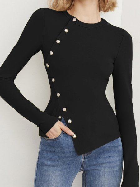 

Plain Tight Urban Long Sleeve Crew Neck T-Shirt, Black, Tees