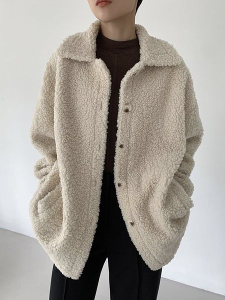 

Long sleeve Regular Fit Simple Shirt Collar Teddy Jacket, Apricot, Coats