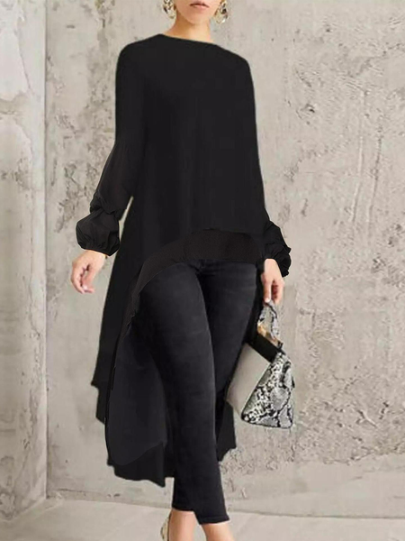 

Loose Urban Crew Neck Long sleeve Mid-long Top, Black, Blouses and Shirts