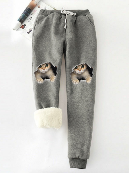 

Funny Cat Fleece Elastic Waist Casual Pants, Gray, Pants