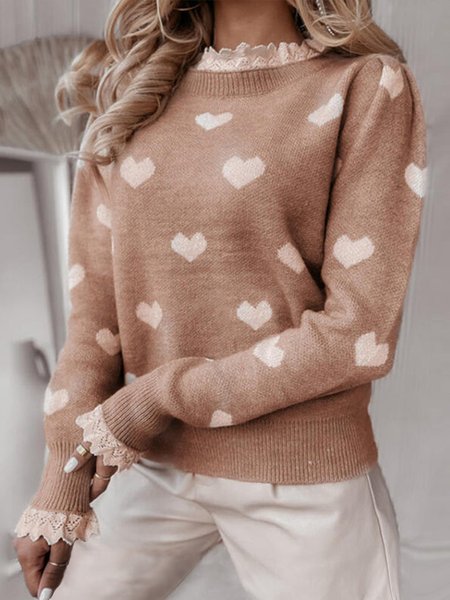 

Heart/Cordate Casual Regular Fit Lace Edge Sweater, Khaki, Sweaters