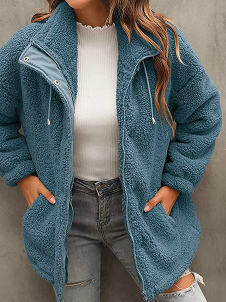 

Plain Teddy Velvet Loose Teddy Jacket, Blue, Outerwear