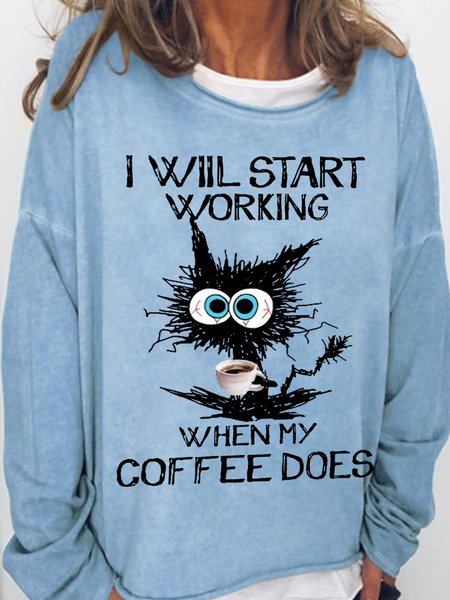 

I Will Start Working When My Coffee Does With Angry Cat Women's Sweatshirt, Light blue, Hoodies&Sweatshirts