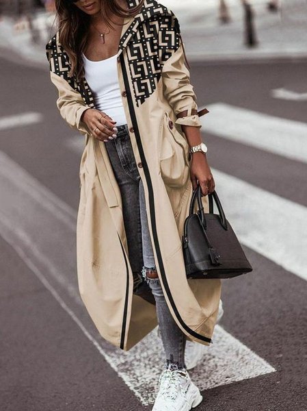 

Casual Printed Hooded Trench Coat, Khaki, Coats