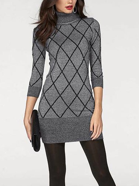 

Plaid Long Sleeve Tight Urban Mini Dress, Gray, Mini Dresses