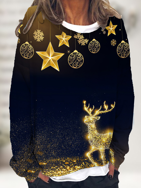 

Women Funny Elk Print Casual Christmas Sweatshirt, Blue, Hoodies&Sweatshirts