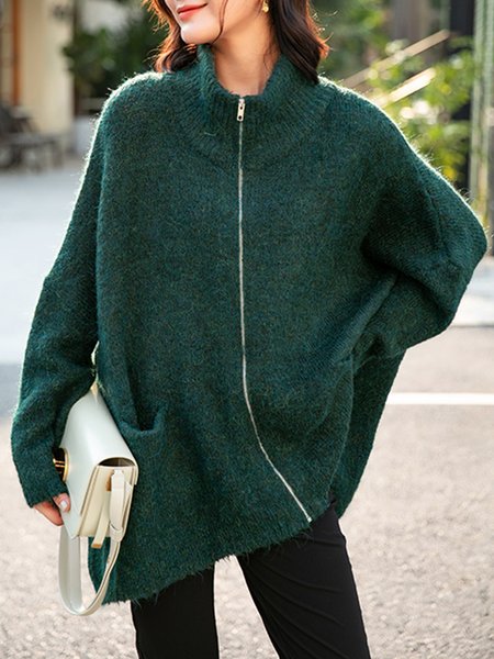 

Urban Plain Zipper Stand Collar Sweater Coat, Green, Cardigans
