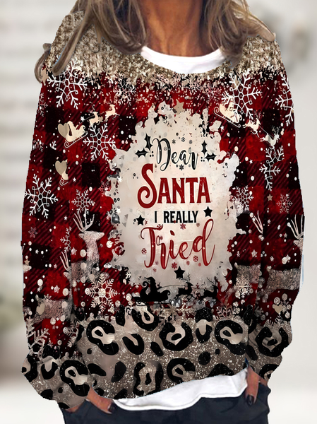 

Women ff Shoulder Sleeve Leopard Christmas Plaid Crew Neck Sweatshirt, Red, Hoodies&Sweatshirts