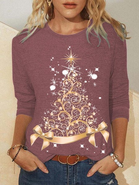 

Women's Christmas Tree Cotton-blend Long Sleeve Top, Red, Long sleeves