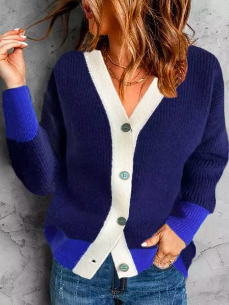 

Urban V Neck Color Block Sweater Cardigan, Blue, Cardigans