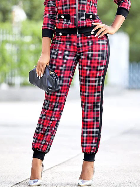 

Regular Fit Plaid Urban Fashion Long Pants, Red, Pants