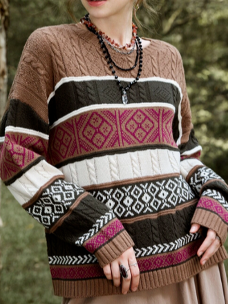 

Boho Geometric Print Sweater, As picture, Sweaters