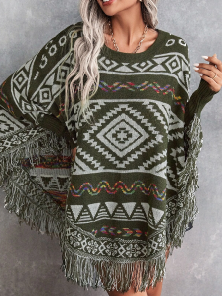 

Crew Neck Geometric Boho Dress, Green, Dresses