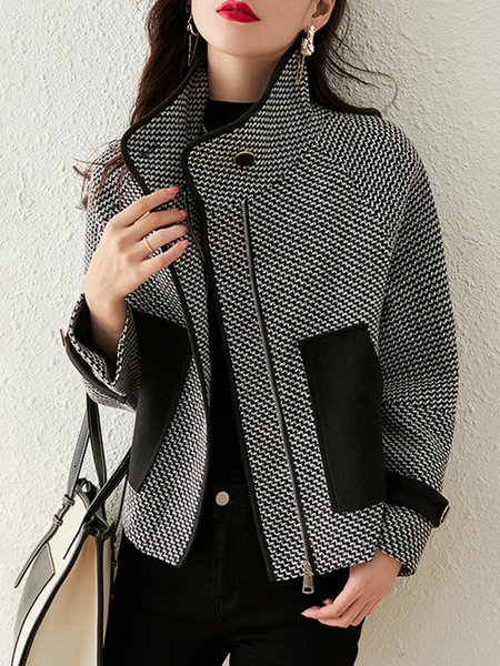 

Urban Plaid Split Joint Stand Collar Pockets Jacket, Black, Jackets