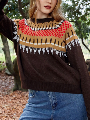 

Geometric Crew Neck Sweater, Brown, Sweaters