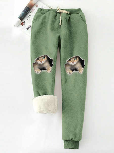 

Funny Cat Fleece Elastic Waist Casual Pants, Green, Pants