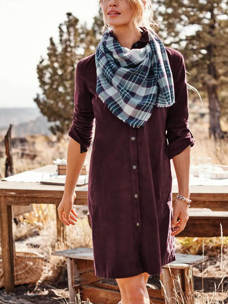 

Loose Boho Shirt Collar Dress, Wine red, Mini Dresses