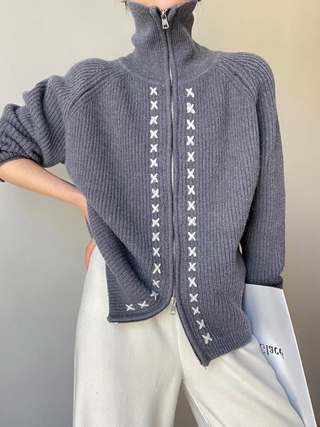 

Plain Turtleneck Casual Sweater Coat, Gray, Cardigans