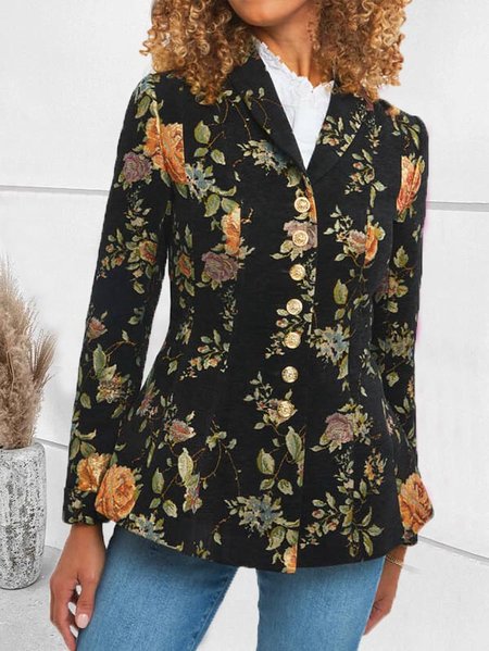 

Casual Lapel Collar Floral Blazer, Black, Blazers