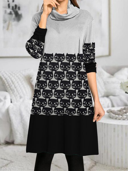 

Casual Wool/Knitting Cat Dress, Black-grey, Mini Dresses
