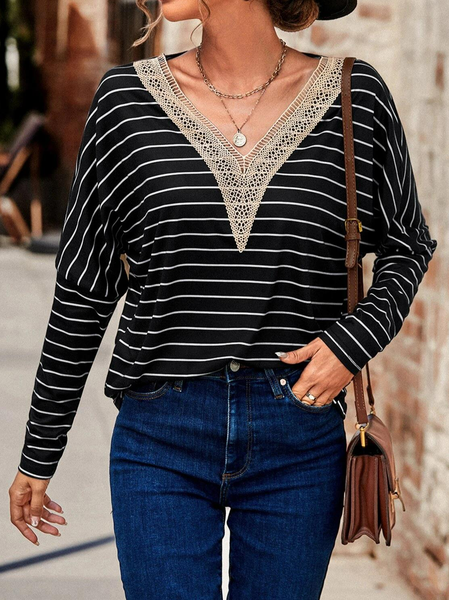 

Casual Striped Guipure Lace Panel Batwing Sleeve Tee, Black, T-Shirts