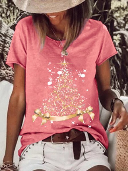 

Women Crew Neck Christmas Tree Print T-Shirt, Red, T-shirts