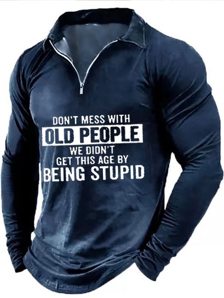 

Mens Don't Mess With Old People Funny Graphic Print Polo Collar Polo Shirt, Dark blue, Long Sleeves