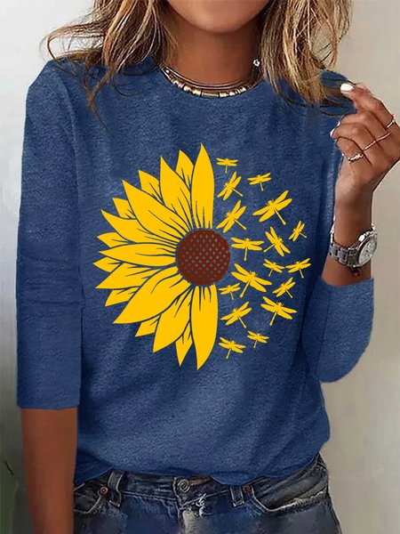 

Women Dragonfly Cotton-Blend Simple Sunflower Long sleeve Long sleeve Top, Blue, Long sleeves