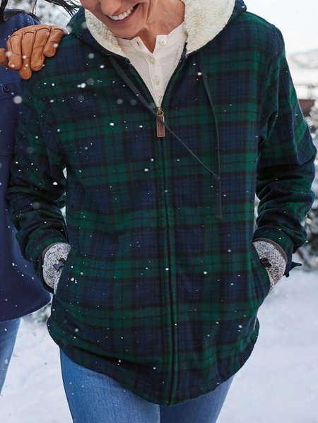 

Casual Plaid Fleece Insulated Hooded Jacket, Green, Coats