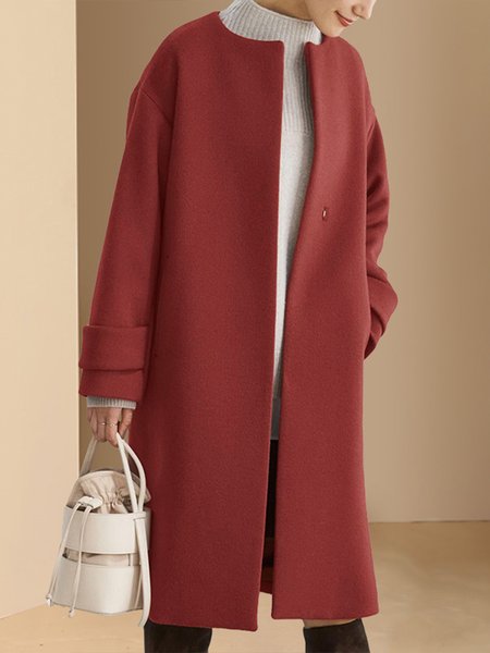 

Elegant Loose Crew Neck Simple Overcoat, Red, Coats