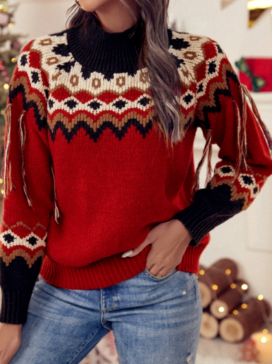 

Crew Neck Regular Fit Geometric Sweater, Red, Sweaters