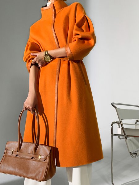 

Elegant Plain Stand Collar Long Sleeve Overcoat, Orange, Coats