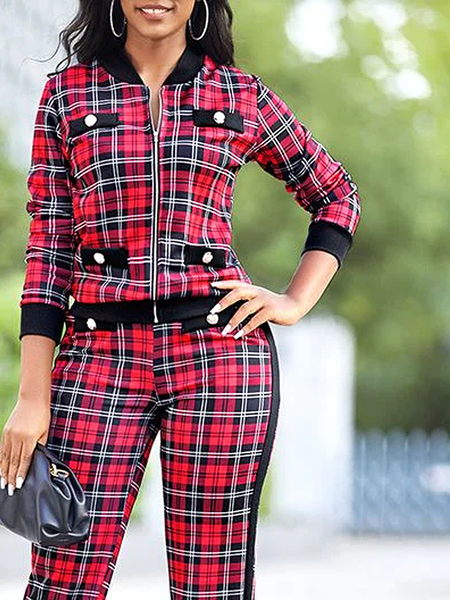 

Regular Fit Plaid Urban Stand Collar Long sleeve Jacket, Red, Jackets