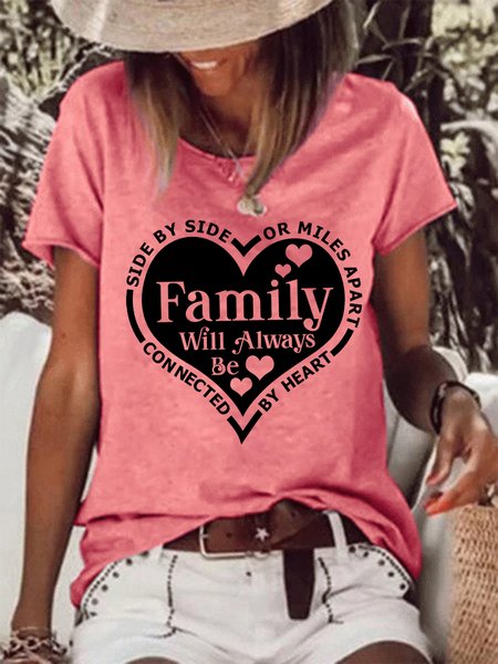 

Women Side By Side Or Miles Apart Family Will Always Be Connected By Heart Cotton-Blend Simple Loose T-Shirt, Red, T-shirts