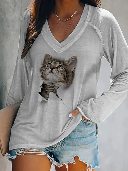 

Casual Cat V Neck Raglan Sleeve T-Shirt, Gray, Long Sleeves