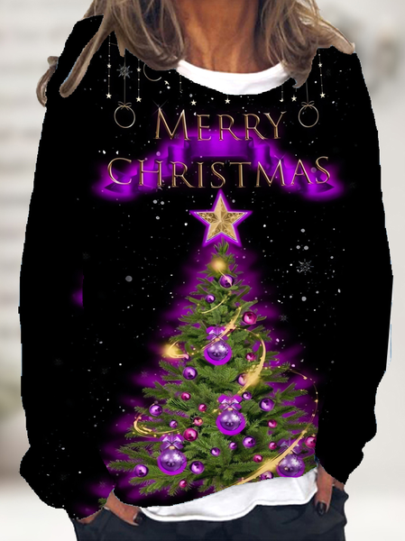 

Women Christmas Tree Loose Off Shoulder Sleeve Casual Sweatshirt, Black, Hoodies&Sweatshirts