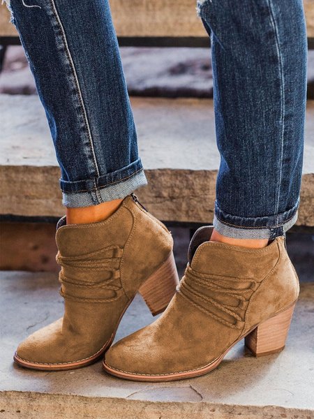 

Women's Plain Front Laced Chunky Heel Booties, Light brown, Boots