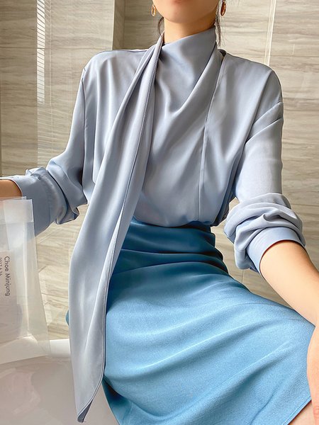 

Long sleeve Elegant Loose Plain Blouse, Blue, Blouses and Shirts