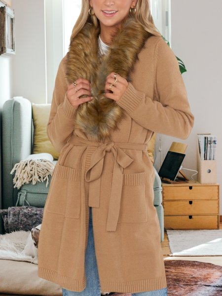 

Casual Sweater Faux Fur Coat, Deep khaki, Cardigans