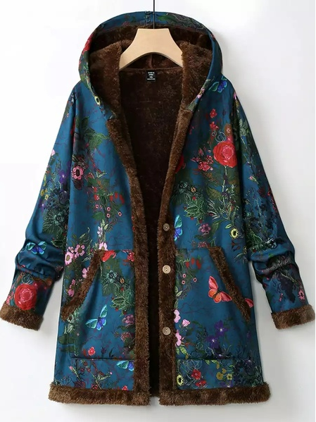 

Casual Fluff/Granular Fleece Fabric Floral Teddy Coat, Blue, Coats