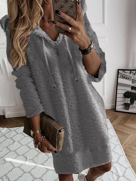 

Fluff/Granular Fleece Fabric Hoodie Casual Dress, Gray, Dresses