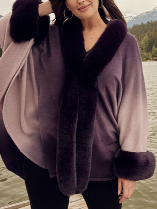 

Loose V Neck Faux Fur Trim Cape, Multicolor, Coats