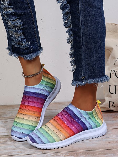 

Rainbow Stripe Rhinestone Flyknit Sneakers, Multicolor, Sneakers
