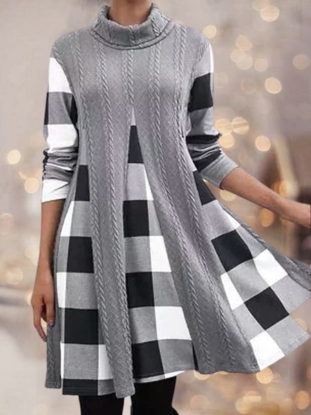 

Casual Plaid Turtleneck Loose Dress, Black, Mini Dresses