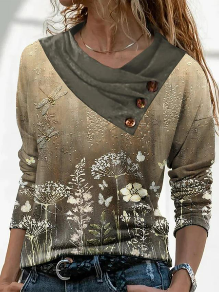 

Casual Floral Cross Neck Buttoned T-Shirt, Khaki, T-Shirts