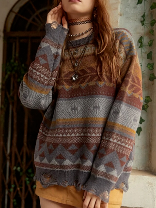 

Boho Geometric Crew Neck Sweater, Gray-brown, Sweaters